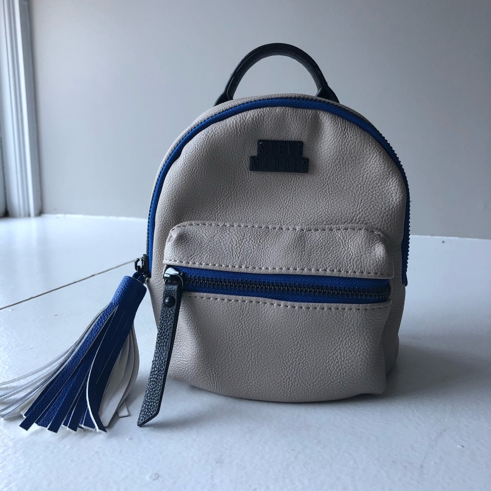 Steve Madden Beige and Blue Mini Backpack with Tassel